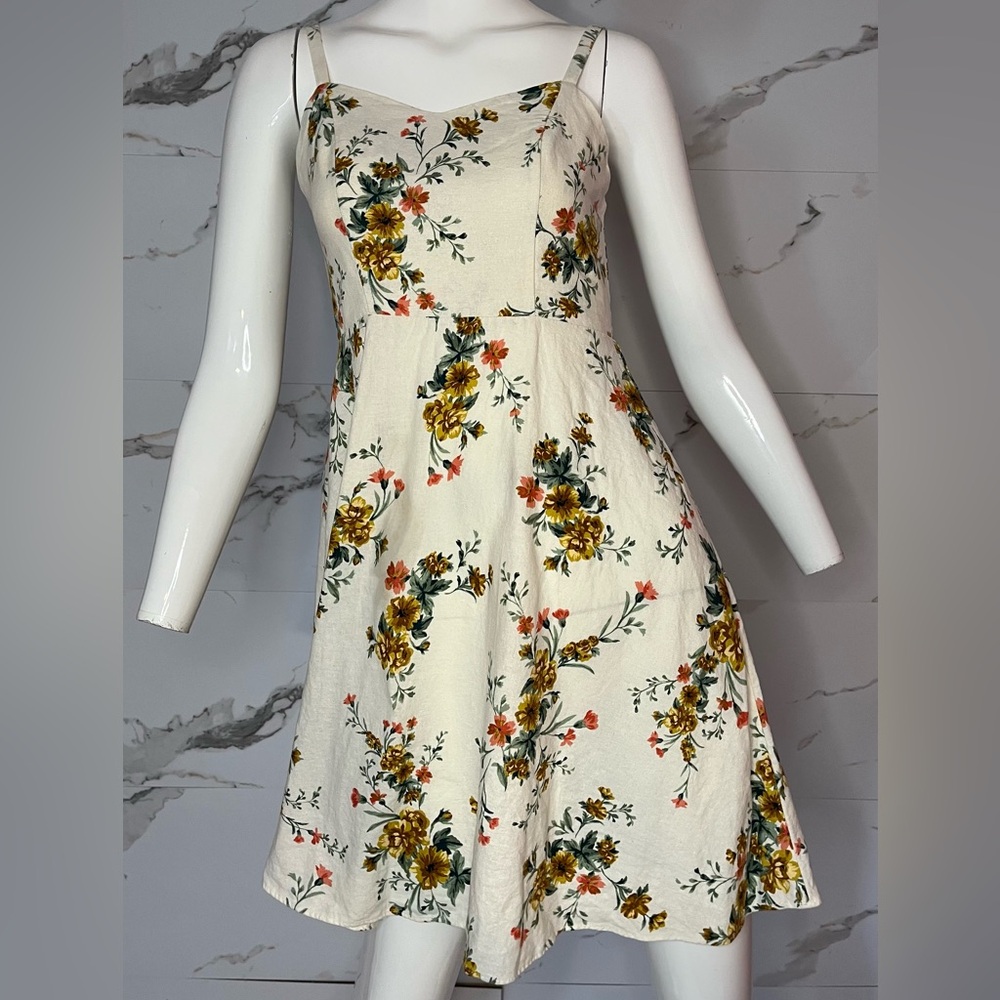 Old Navy Cream Floral Linen Blend Spaghetti-Strap Fit & Flare Dress Size XS